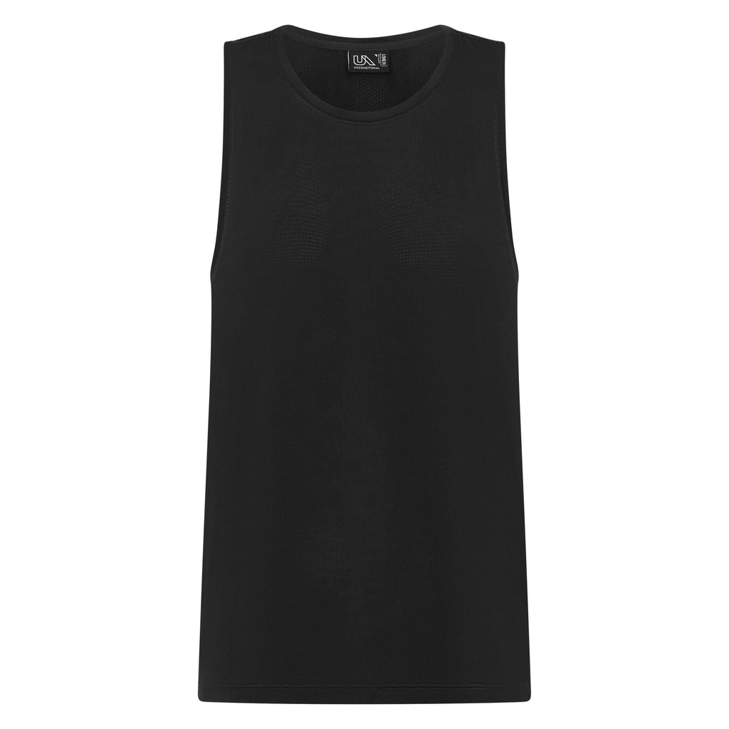 Black Darkside Slim Tank top by Unconditional Active, close-up of fitted sleeveless athletic top with logo detail.