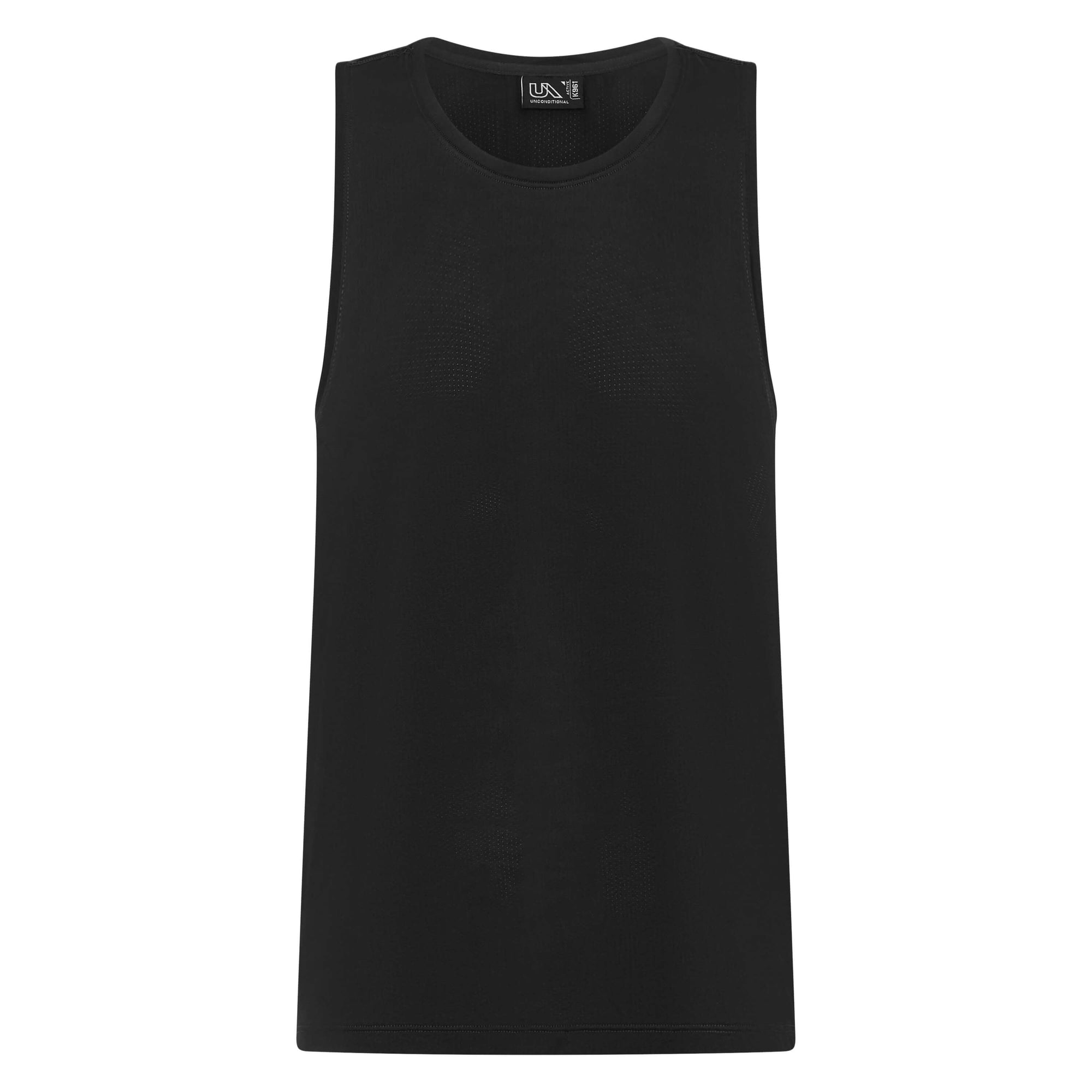 Black Darkside Slim Tank top by Unconditional Active, close-up of fitted sleeveless athletic top with logo detail.