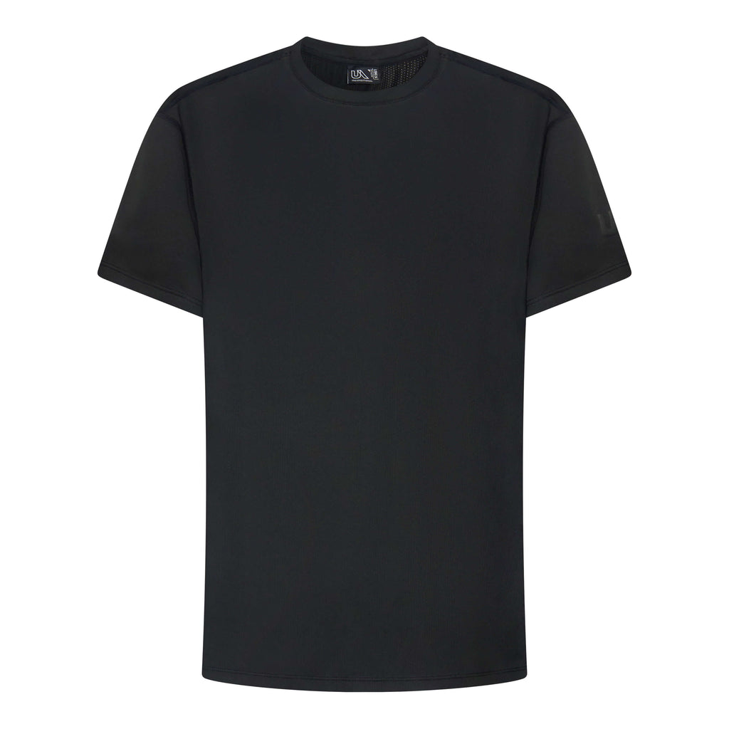 Black Darkside Slim Tee by Unconditional Active, close-up of fitted short sleeve top with logo detail in a casual style.