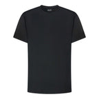 Black Darkside Slim Tee by Unconditional Active, close-up of fitted short sleeve top with logo detail in a casual style.