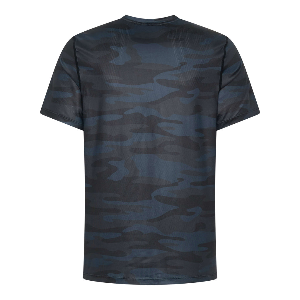 Unconditional Active Darkside Slim Tee in camouflage, showcasing a fitted black top with a crew neckline and short sleeves.