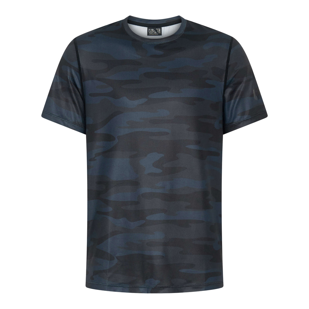 Unconditional Active Darkside Slim Tee in camouflage, a lightweight men's top with a fitted design and short sleeves.