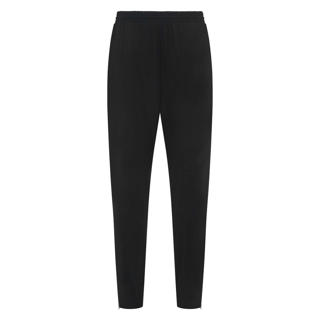 Black Unconditional Active Maverick Session Pant trackpants laid flat, showing elastic waistband and tapered fit.