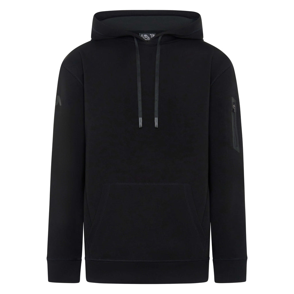 Black Unconditional Active Onslaught Everywhere Hoodie, a casual unisex top with a front pocket and hood.