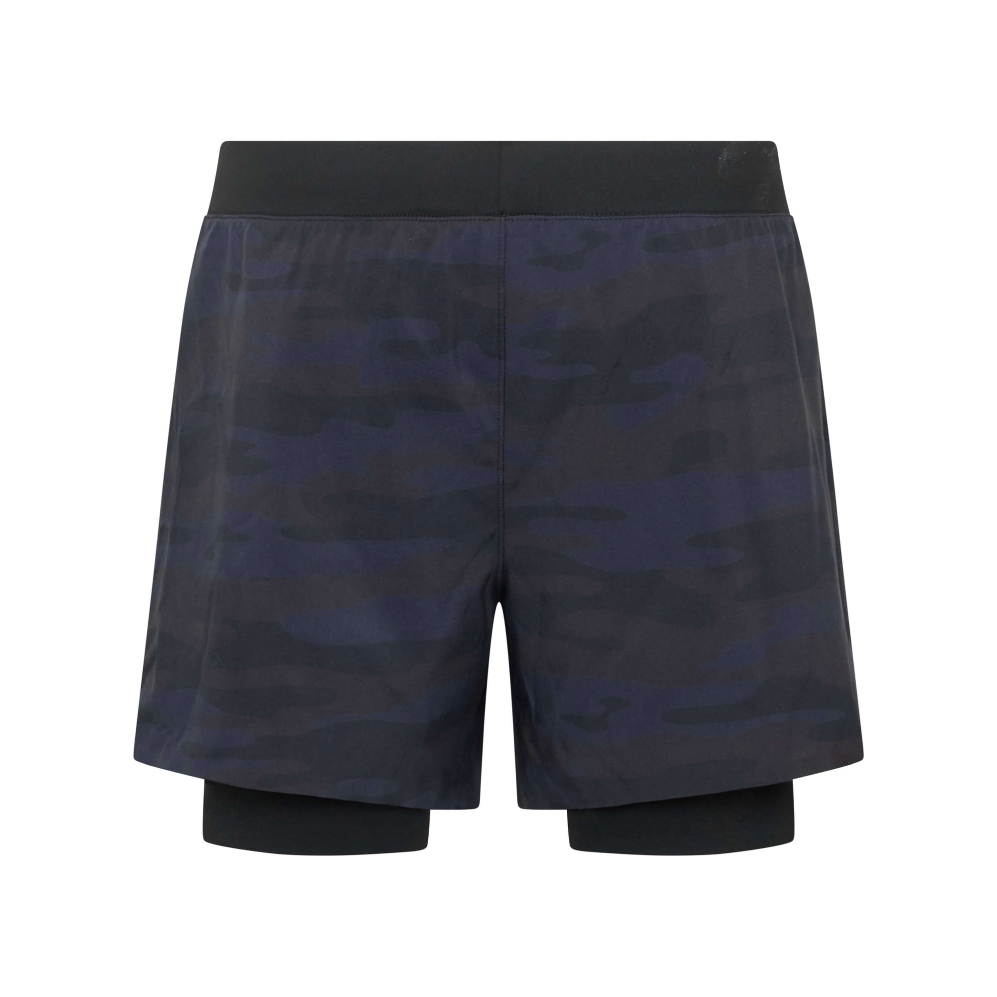 Unconditional Active Peacemaker 5-inch camo shorts laid flat, showcasing their casual fit and camouflage pattern.