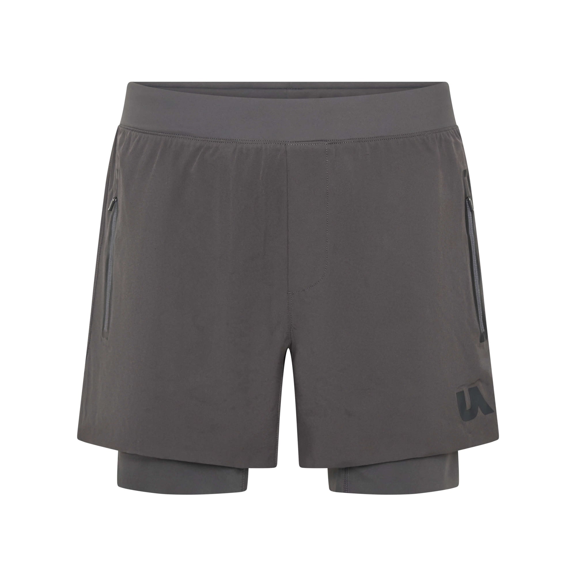Dark charcoal Peacemaker 5-inch shorts by Unconditional Active, showing a comfortable fit and casual design.