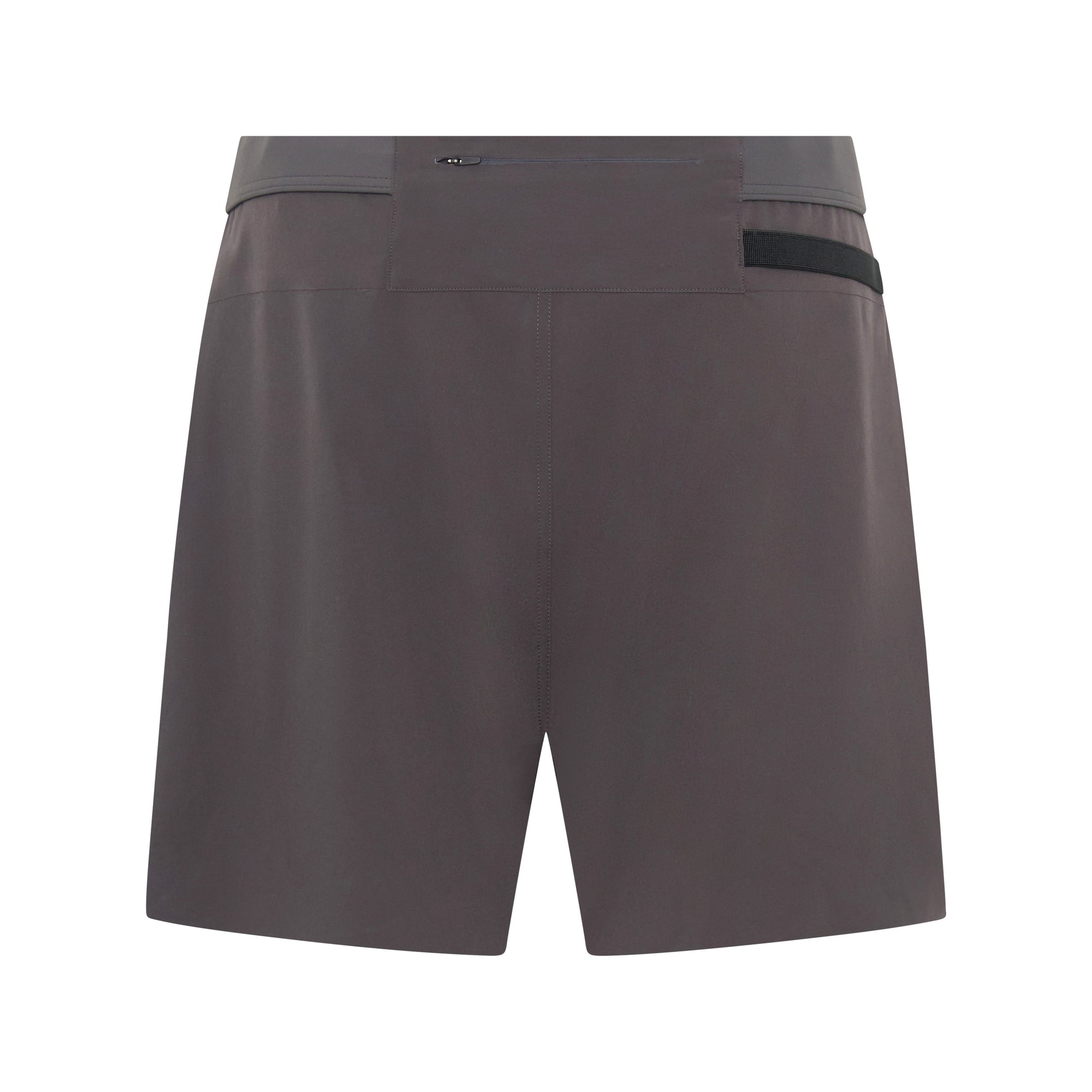 Unconditional Active Taskmaster 5-inch dark charcoal session shorts laid flat, showcasing lightweight breathable fabric and elastic waistband.