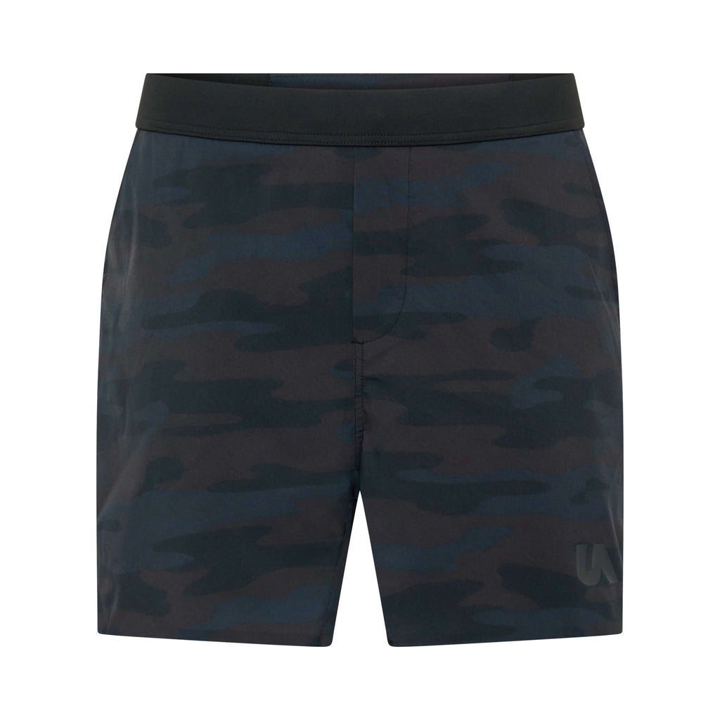 Unconditional Active Taskmaster 5-inch camo session shorts displayed on a model, showcasing comfortable athletic design and camouflage pattern.