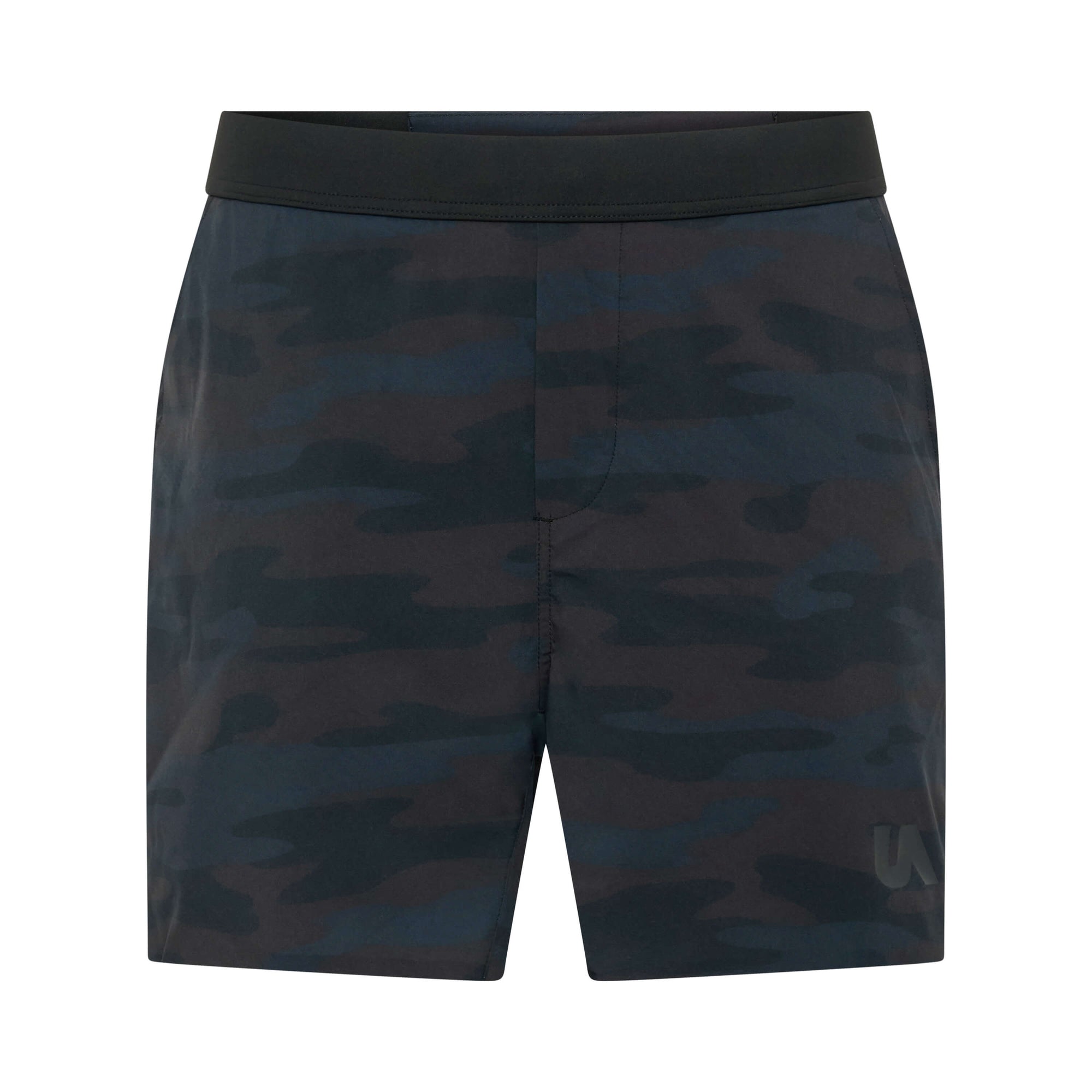 Unconditional Active Taskmaster 5-inch camo session shorts displayed on a model, showcasing comfortable athletic design and camouflage pattern.