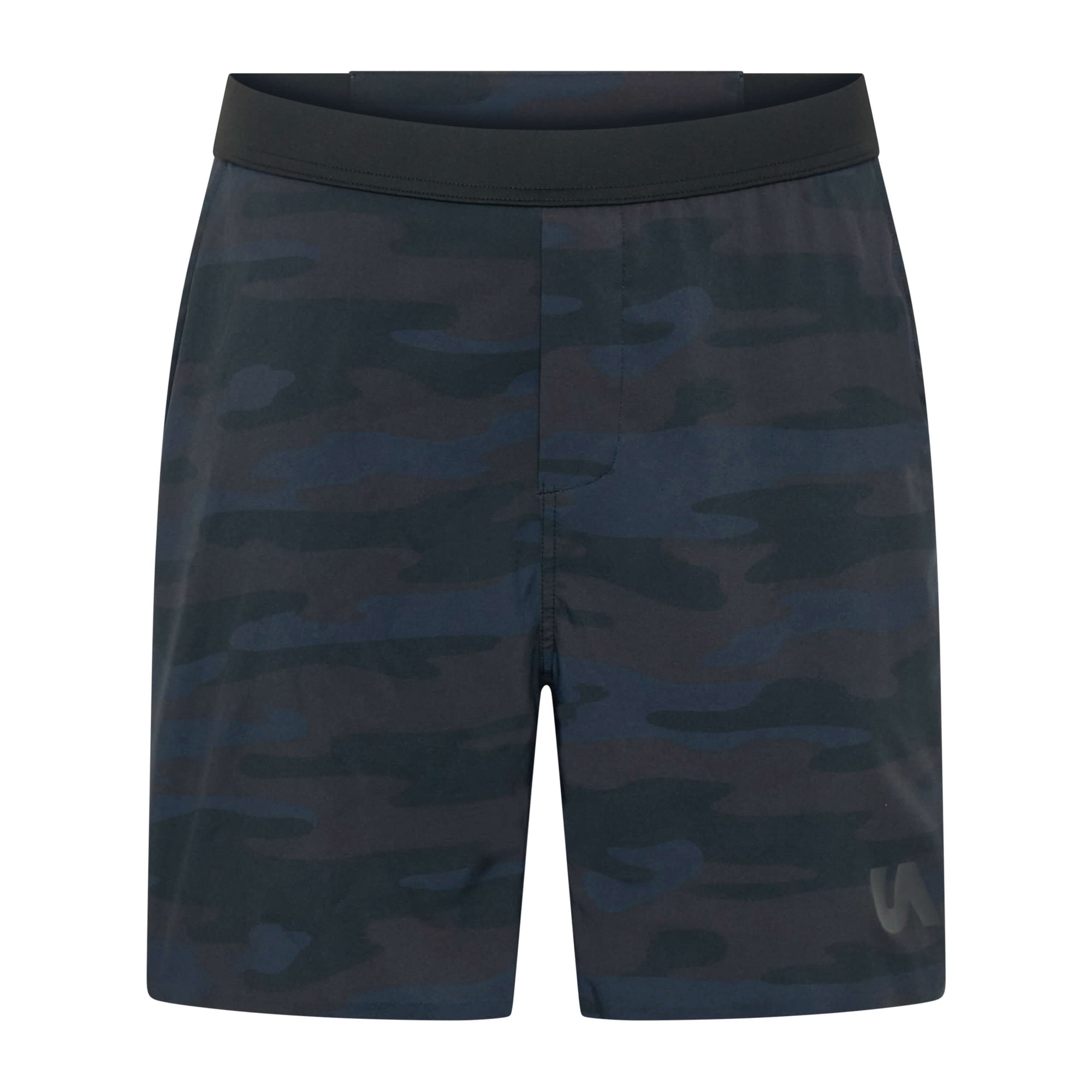 Unconditional Active Taskmaster 7-inch camo session shorts laid flat, showing lightweight fabric and camouflage pattern.