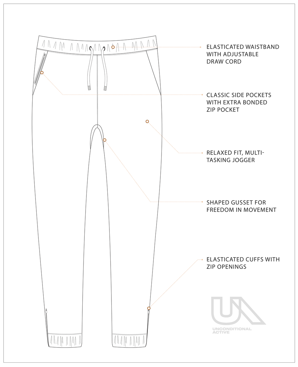 Unconditional Active Onslaught Everywhere track pants with athletic fit, moisture-wicking fabric, and adjustable drawstring waistband.