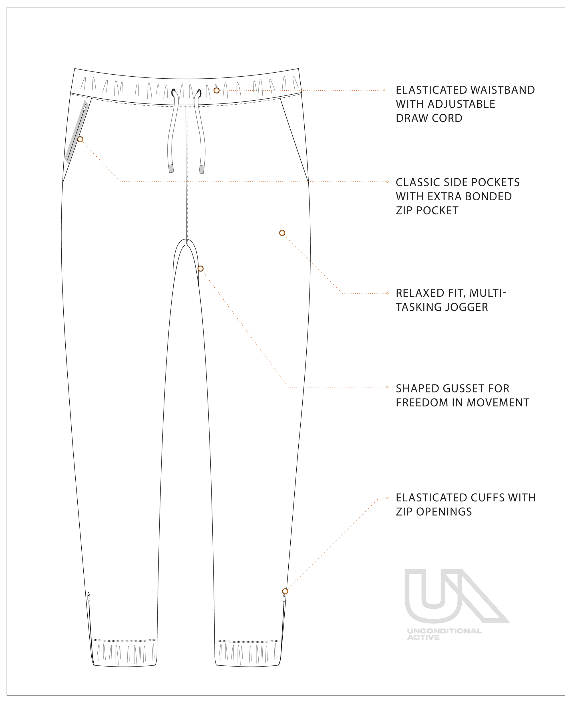 Unconditional Active Onslaught Everywhere track pants with athletic fit, moisture-wicking fabric, and adjustable drawstring waistband.