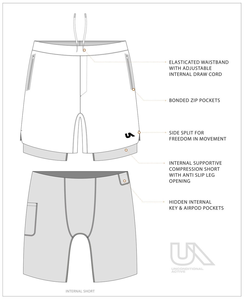 Unconditional Active Peacemaker 7-inch athletic shorts with a relaxed fit and drawstring waistband, suitable for workout and casual wear.