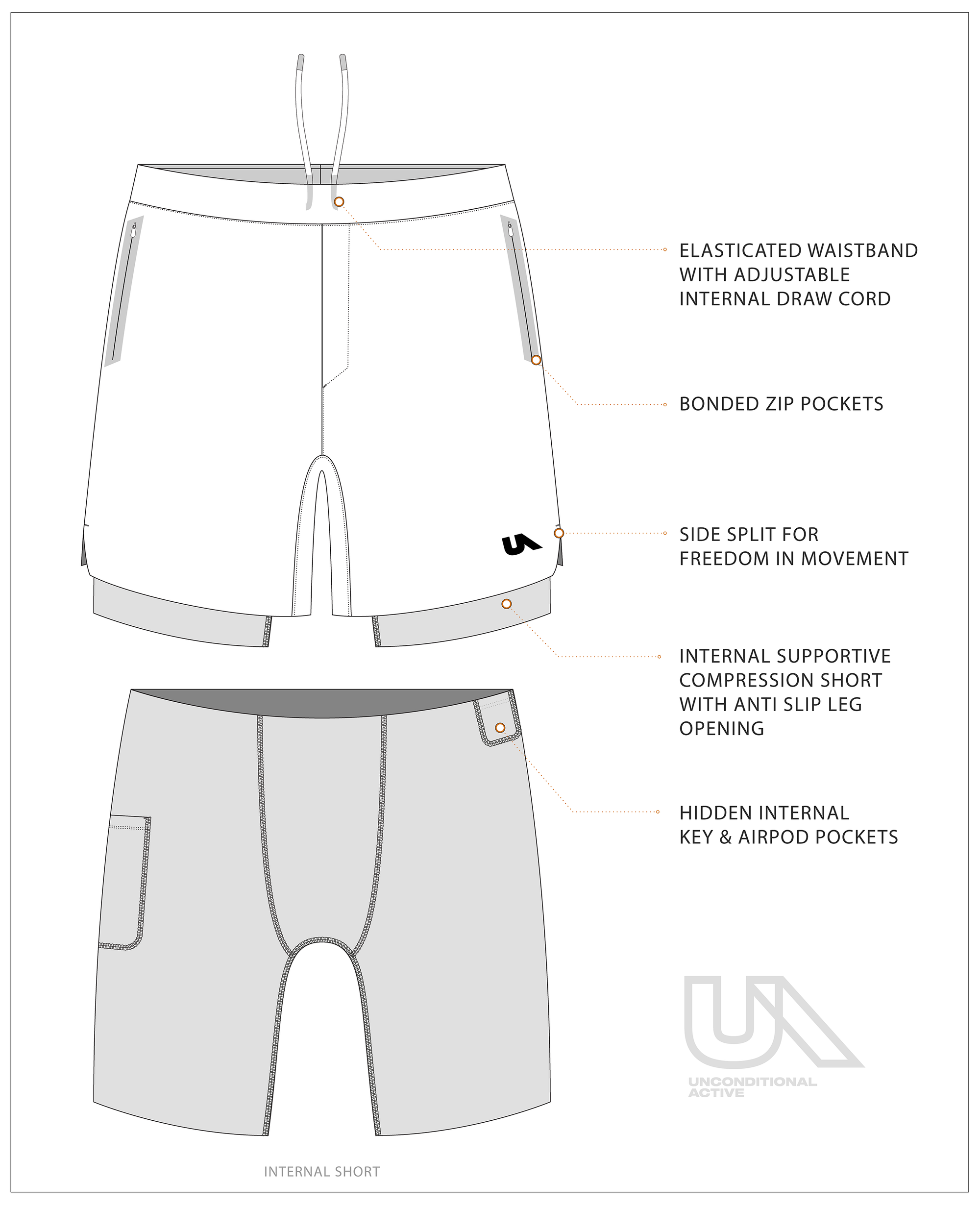 Unconditional Active Peacemaker 7-inch athletic shorts with a relaxed fit and drawstring waistband, suitable for workout and casual wear.