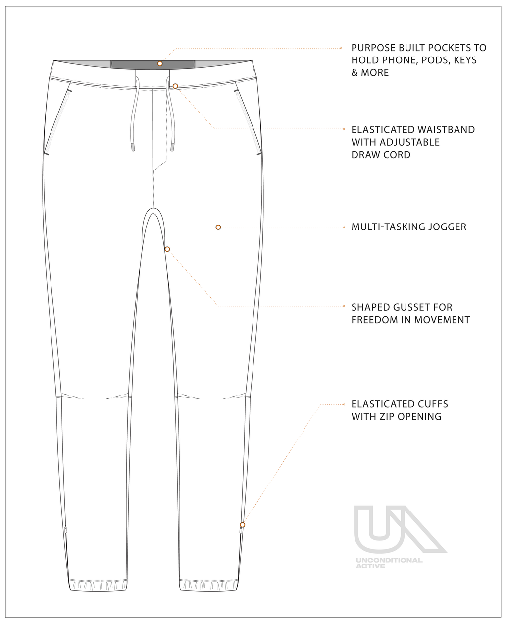 Unconditional Active Warlock Long Jogger trackpants in black with elastic waistband and tapered fit, designed for athletic comfort.