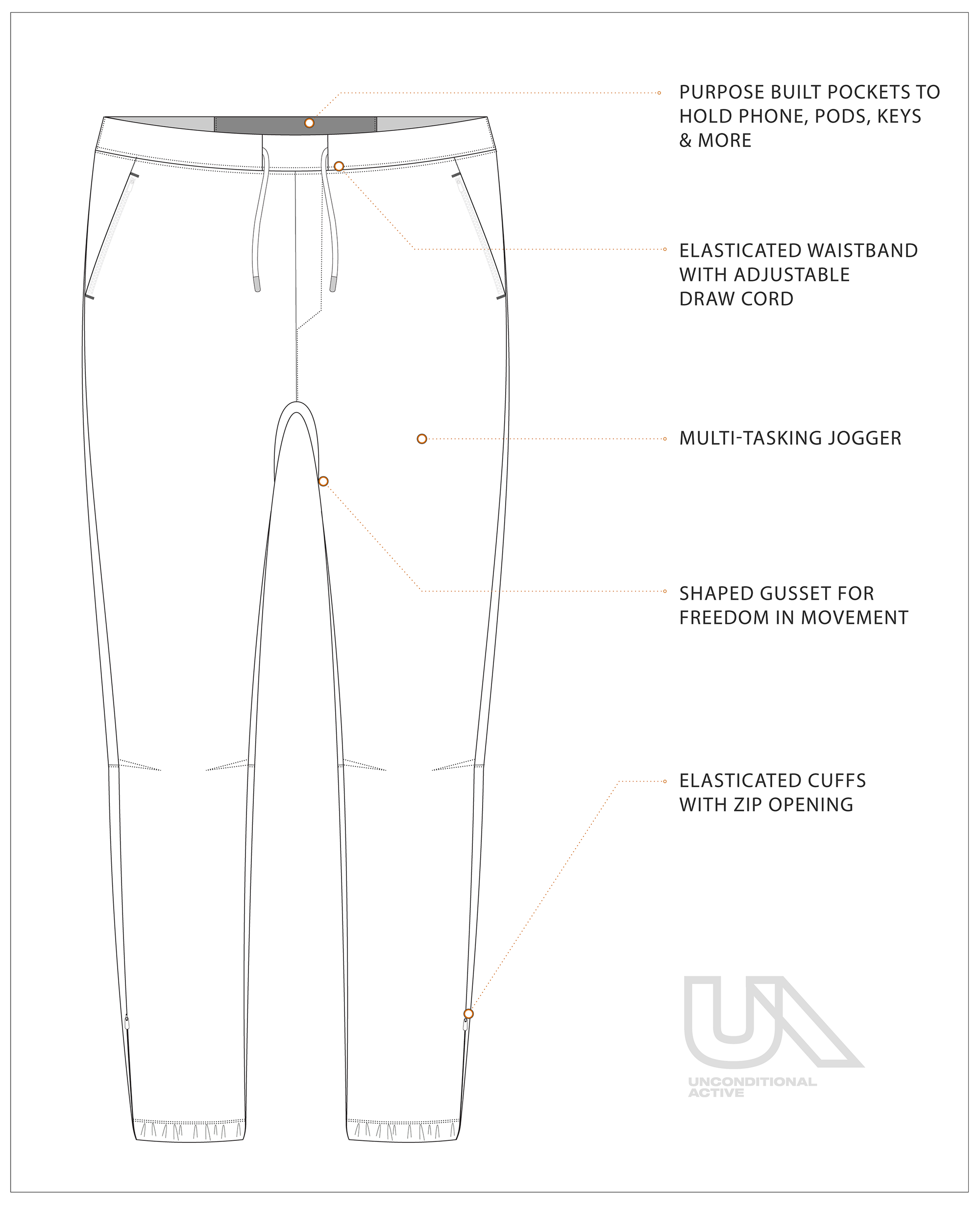 Unconditional Active Warlock Long Jogger trackpants in black with elastic waistband and tapered fit, designed for athletic comfort.