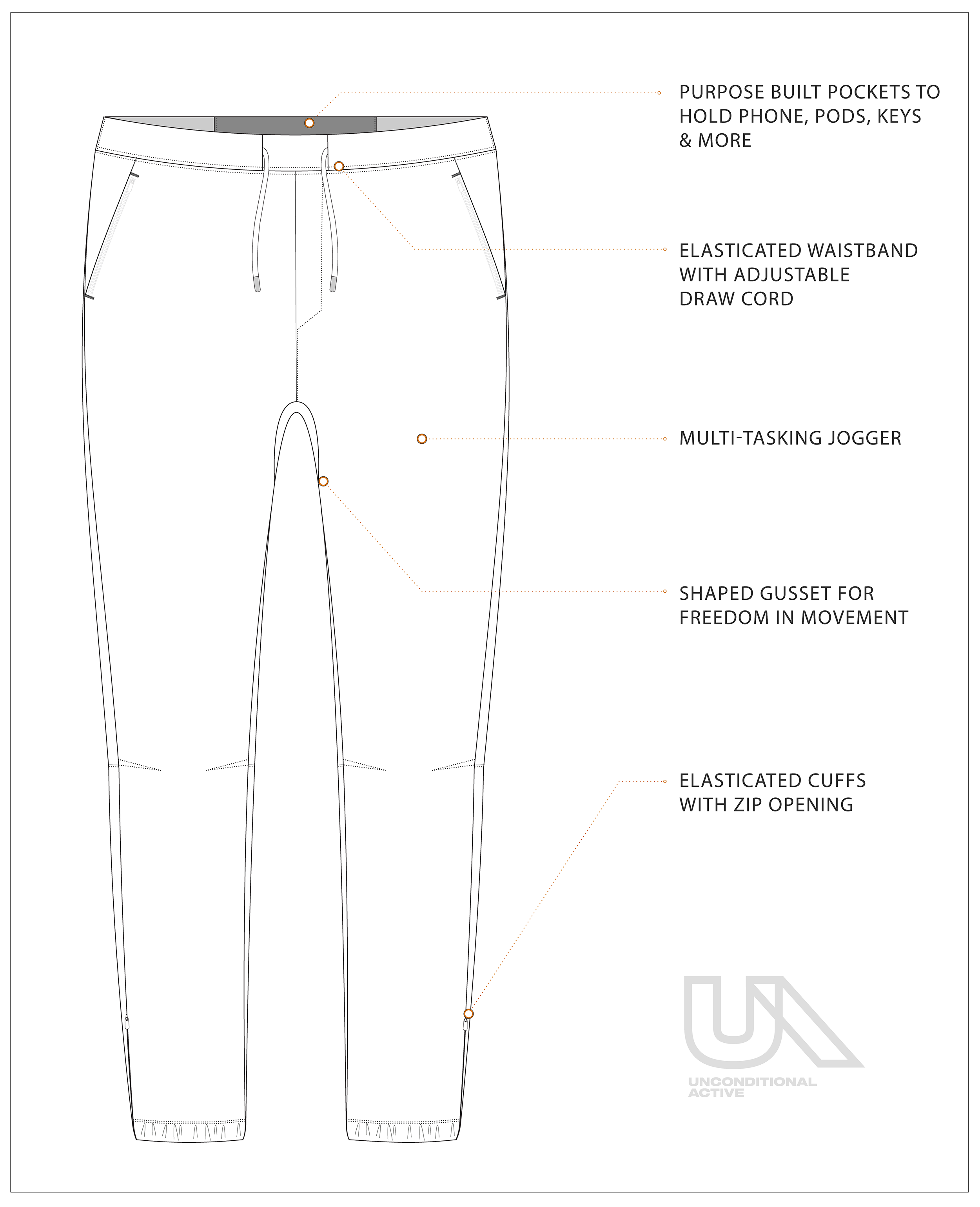 Unconditional Active Warlock Long Jogger trackpants in black with elastic waistband and tapered fit, designed for athletic comfort.