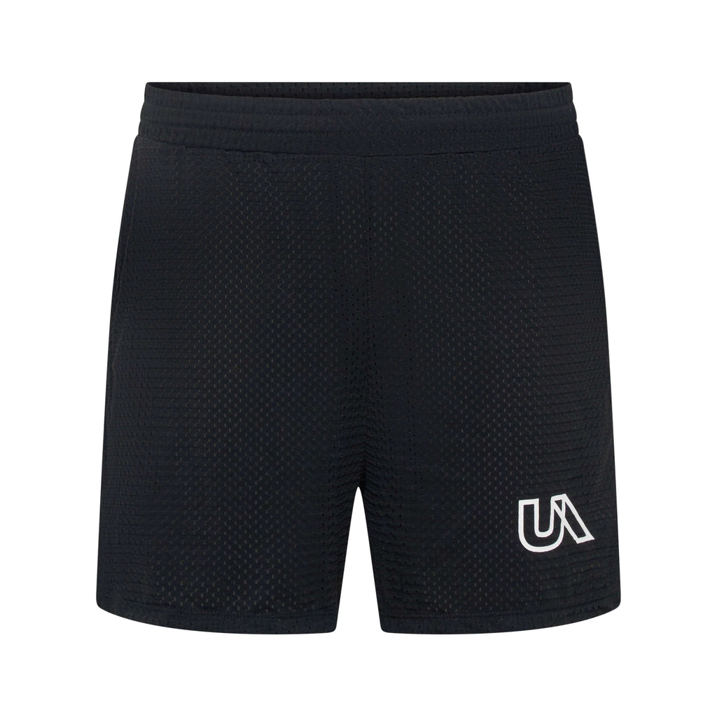 Dark black Wildcat 5-inch mesh shorts by Unconditional Active, featuring breathable fabric and athletic fit.